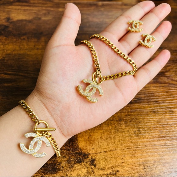 Reserved 18K Plated Gold Chanel Women jewelry Chain Necklace Bracelet Earrings - Picture 12 of 16